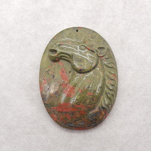 Carved Natural Unakite Jasper Horse Gemstone Pendant Bead, 61x46x11mm,57g