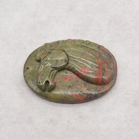 Carved Natural Unakite Jasper Horse Gemstone Pendant Bead, 61x46x11mm,57g