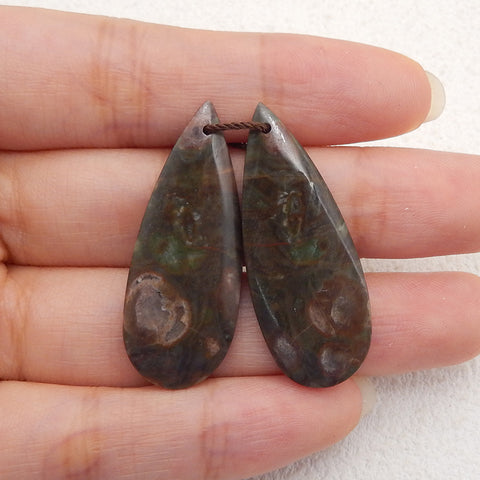 1 Pair Natural Stone Mushroom Jasper Teardrop Gemstone Earring Beads, Drilled Stone Earring Pair, Gemstone For Jewelry DIY Making, 35x14x3mm, 4.8g