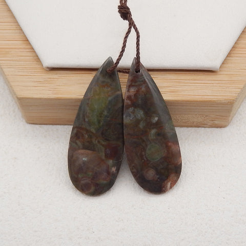 1 Pair Natural Stone Mushroom Jasper Teardrop Gemstone Earring Beads, Drilled Stone Earring Pair, Gemstone For Jewelry DIY Making, 35x14x3mm, 4.8g