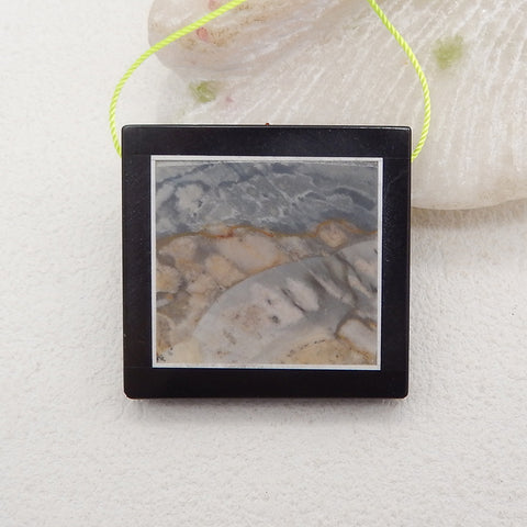 Natural Obsidian, Howlite And Ocean Jasper Intarsia Gemstone Pendant Bead, Side Drilled Gemstone Pendant,Handmade Pendant Gift, 39x37x6mm, 23g