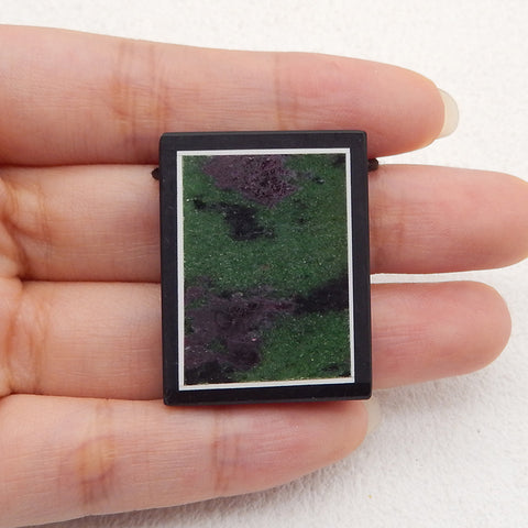 New! Natural Obsidian, Ruby And Zoisite,Howlite Rectangle Intarsia Gemstone Pendant, Side Drilled Gemstone Pendant,Handmade Pendant Gift, 34x26x5mm, 12.8g