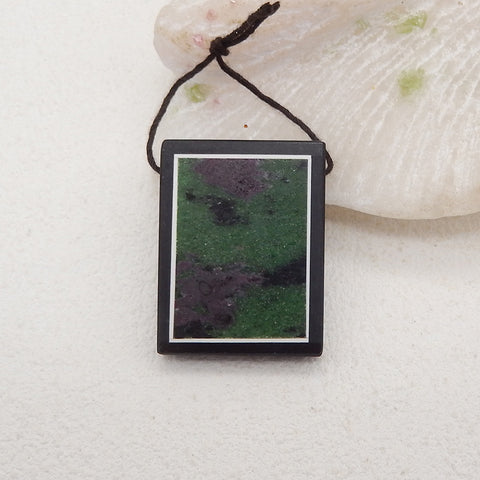 New! Natural Obsidian, Ruby And Zoisite,Howlite Rectangle Intarsia Gemstone Pendant, Side Drilled Gemstone Pendant,Handmade Pendant Gift, 34x26x5mm, 12.8g