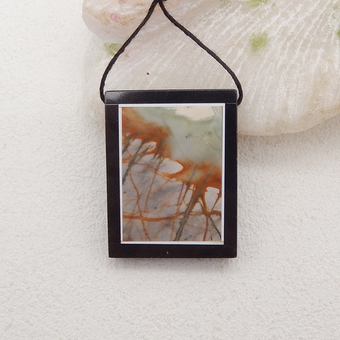 Natural Obsidian, Howlite And Picasso Jasper Rectangle Intarsia Gemstone Pendant Bead, Side Drilled Gemstone Pendant,Handmade Pendant Gift, 40x31x5mm, 17.8g