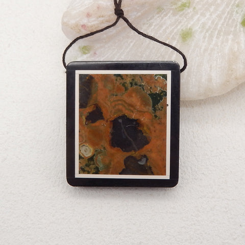 Natural Obsidian, Howlite And Ocean Jasper Rectangle Intarsia Gemstone Pendant Bead, Side Drilled Gemstone Pendant,Handmade Pendant Gift, 42x38x7mm, 28.3g