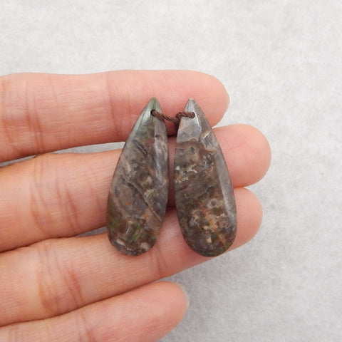 1 Pair Natural Stone Mushroom Jasper Teardrop Gemstone Earring Beads, Drilled Stone Earring Pair, Gemstone For Jewelry DIY Making, 32x12x3mm, 3.5g