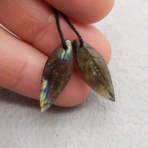 Natural Labradorite Carved leaf Earring Beads 27x10x4mm, 2.6g