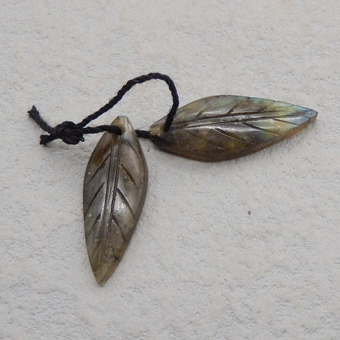 Natural Labradorite Carved leaf Earring Beads 27x10x4mm, 2.6g