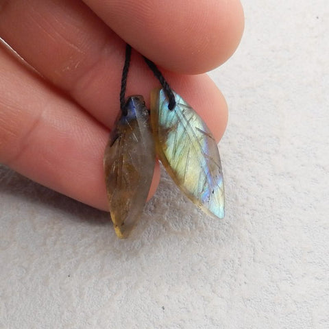 Natural Labradorite Carved leaf Earring Beads 27x10x4mm, 2.6g