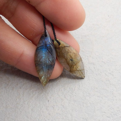 Natural Labradorite Carved leaf Earring Beads 27x10x4mm, 2.6g