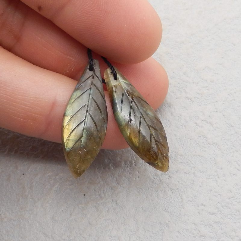 Natural Labradorite Carved leaf Earring Beads 27x10x4mm, 2.6g