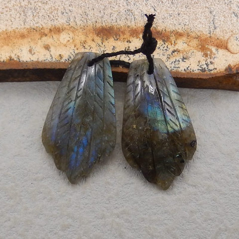 Natural Labradorite Carved feather Earring Beads 26x17x4mm, 6.5g