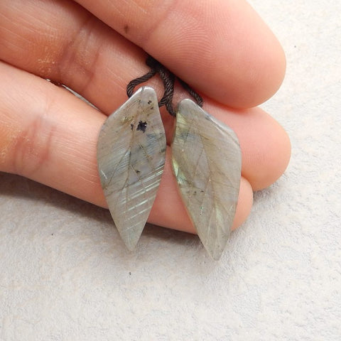 Natural Labradorite Carved leaf Earring Beads 34x13x4mm, 5.9g