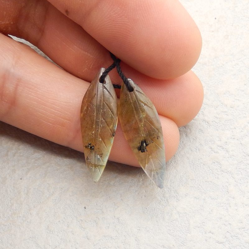 Natural Labradorite Carved leaf Earring Beads 26x12x4mm, 3.8g