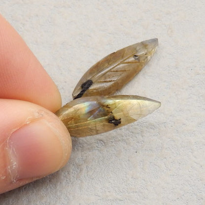 Natural Labradorite Carved leaf Earring Beads 26x12x4mm, 3.8g