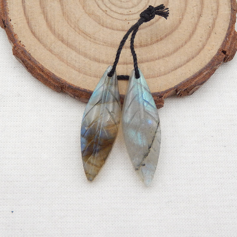 Natural Labradorite Carved leaf Earring Beads 27x10x4mm, 2.6g