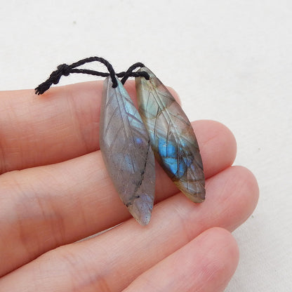 Natural Labradorite Carved leaf Earring Beads 27x10x4mm, 2.6g