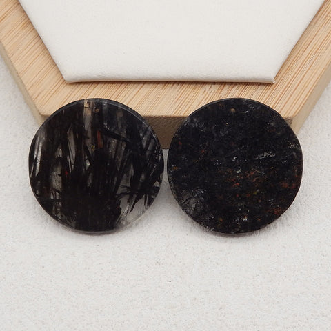 New Natural Black Rutilated Quartz Round Gemstone Earrings, Drilled Stone Earring Pair, Gem Jewelry Gift, 30x3mm,11.8g