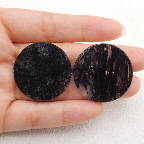 New Natural Black Rutilated Quartz Round Gemstone Earrings, Drilled Stone Earring Pair, Gem Jewelry Gift, 30x3mm,11.8g