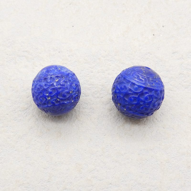 Bijoux faits à la main de pierres précieuses naturelles sculptées perle de boucle d'oreille en Lapis Lazuli, perles rondes percées, 14mm, 8.6g