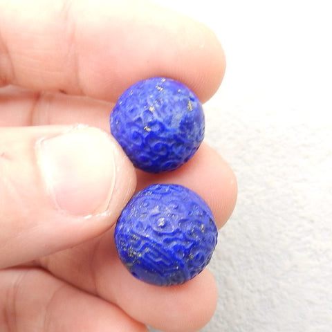 Bijoux faits à la main de pierres précieuses naturelles sculptées perle de boucle d'oreille en Lapis Lazuli, perles rondes percées, 14mm, 8.6g