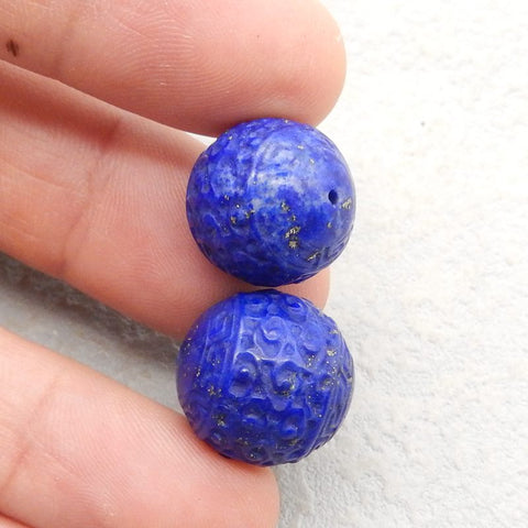 Bijoux faits à la main de pierres précieuses naturelles sculptées perle de boucle d'oreille en Lapis Lazuli, perles rondes percées, 14mm, 8.6g