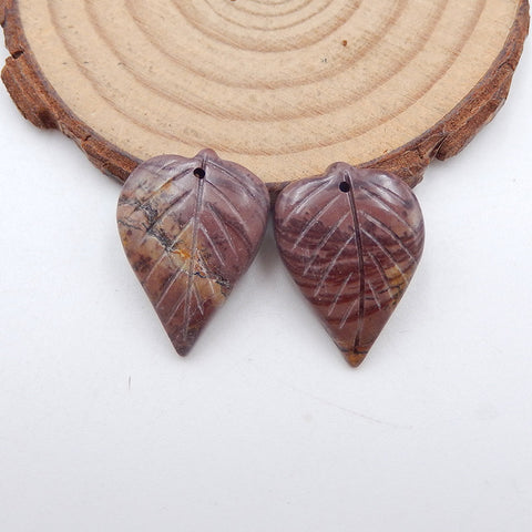 Paire de Boucles d'Oreilles en Jaspe Ruisseau Rouge Feuille Sculptées à la Main, 24x14x4mm, 3.1g