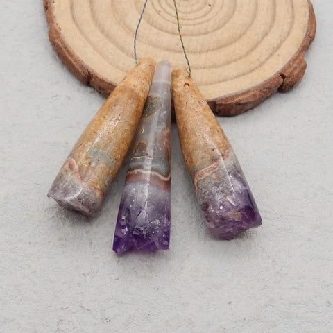 3 PCS Natural Amethyst Pendant Beads 44×11×11mm, 40×11×11mm, 18.3g