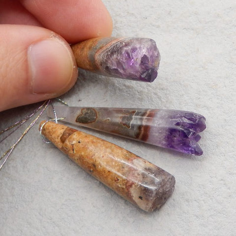 3 PCS Natural Amethyst Pendant Beads 44×11×11mm, 40×11×11mm, 18.3g