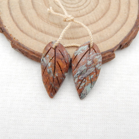 Natural Chrysocolla Carved leaf Earring Beads 24x10x4mm, 3.2g