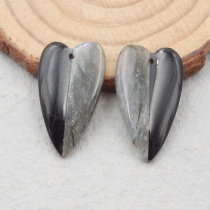 Labradorite naturelle, paire de boucles d'oreilles cœur collé en obsidienne, 26 x 15 x 4 mm, 5,3 g