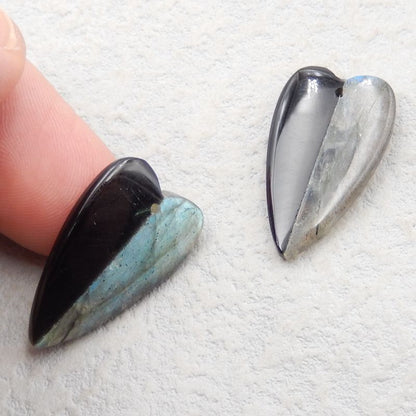 Labradorite naturelle, paire de boucles d'oreilles cœur collé en obsidienne, 26 x 15 x 4 mm, 5,3 g