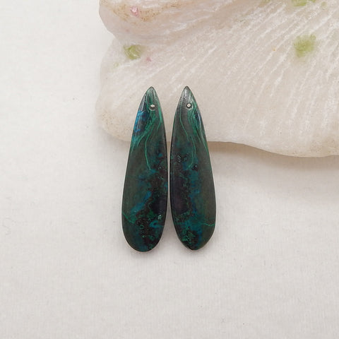 Natural Gemstone Chrysocolla Teardrop Gemstone Earring Beads, Drilled Cabochons, Popular Earrings Pair, 33x9x4mm, 4.7g