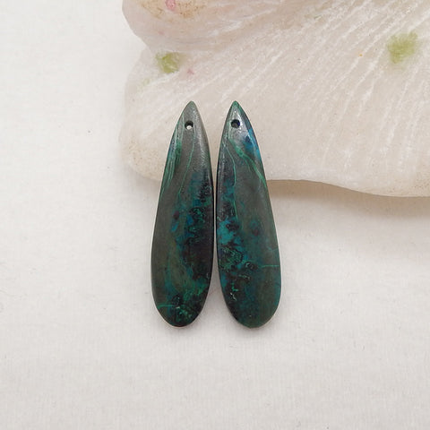 Natural Gemstone Chrysocolla Teardrop Gemstone Earring Beads, Drilled Cabochons, Popular Earrings Pair, 33x9x4mm, 4.7g