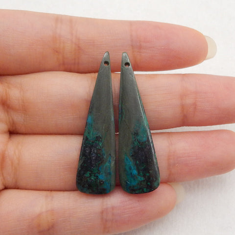 Natural Gemstone Chrysocolla Triangle Gemstone Earring Beads, Drilled Cabochons, Popular Earrings Pair, 37x10x4mm, 4.7g