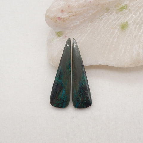 Natural Gemstone Chrysocolla Triangle Gemstone Earring Beads, Drilled Cabochons, Popular Earrings Pair, 37x10x4mm, 4.7g