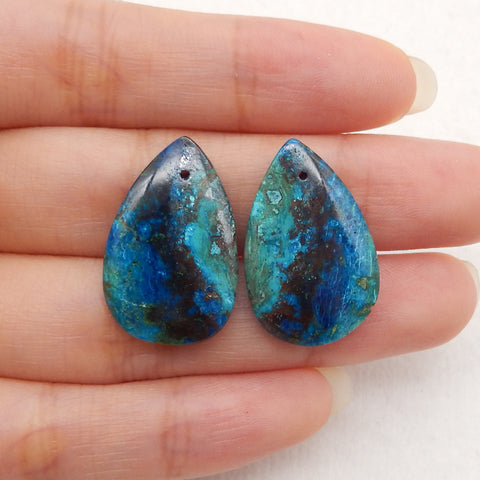 Natural Gemstone Chrysocolla Teardrop Gemstone Earring Beads, Drilled Cabochons, Popular Earrings Pair, 24x16x5mm, 6.3g