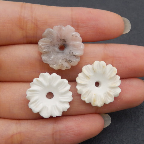 3PCS Carved Natural Agate And Pink Opal Flower Gemstone Cabochons, Unique Stone Flower Cabochons, Jewelry DIY Making, 17x4mm, 4.9g