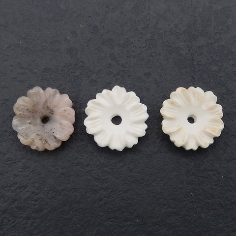 3PCS Carved Natural Agate And Pink Opal Flower Gemstone Cabochons, Unique Stone Flower Cabochons, Jewelry DIY Making, 17x4mm, 4.9g