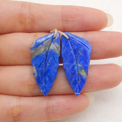 New! Carved Natural Stone Lapis Lazuli Leaf Earring Beads, Drilled Cabochons, Popular Earring Pair, 30x14x4mm, 6.8g