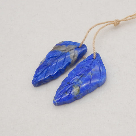 New! Carved Natural Stone Lapis Lazuli Leaf Earring Beads, Drilled Cabochons, Popular Earring Pair, 30x14x4mm, 6.8g