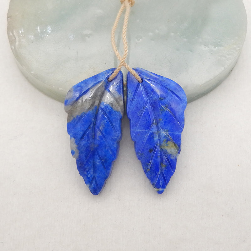 New! Carved Natural Stone Lapis Lazuli Leaf Earring Beads, Drilled Cabochons, Popular Earring Pair, 30x14x4mm, 6.8g