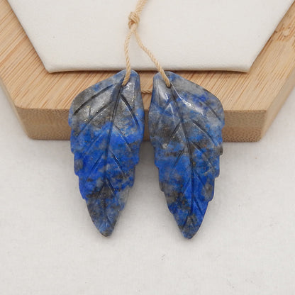 New! Carved Natural Stone Lapis Lazuli Leaf Earring Beads, Drilled Cabochons, Popular Earring Pair, 37x17x5mm, 11.3g