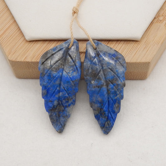 New! Carved Natural Stone Lapis Lazuli Leaf Earring Beads, Drilled Cabochons, Popular Earring Pair, 37x17x5mm, 11.3g