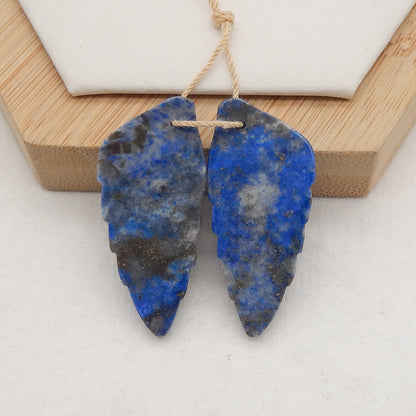 New! Carved Natural Stone Lapis Lazuli Leaf Earring Beads, Drilled Cabochons, Popular Earring Pair, 37x17x5mm, 11.3g