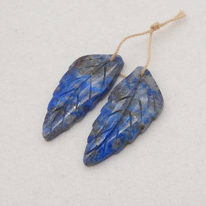 New! Carved Natural Stone Lapis Lazuli Leaf Earring Beads, Drilled Cabochons, Popular Earring Pair, 37x17x5mm, 11.3g