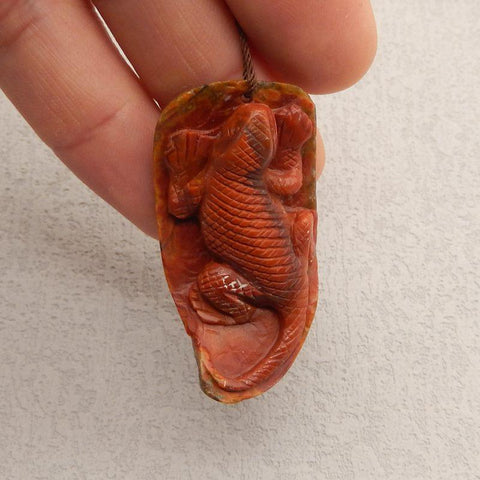 Natural Warring States Red Agate Carved Lizard Pendant Bead 46x24x13mm, 15.3g - Gomggsale