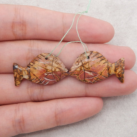 Natural Multi-Color Picasso Jasper Carved Fish Gemstone Earring Beads, Drilled Earring Pair, 29x17x4mm, 5.7g