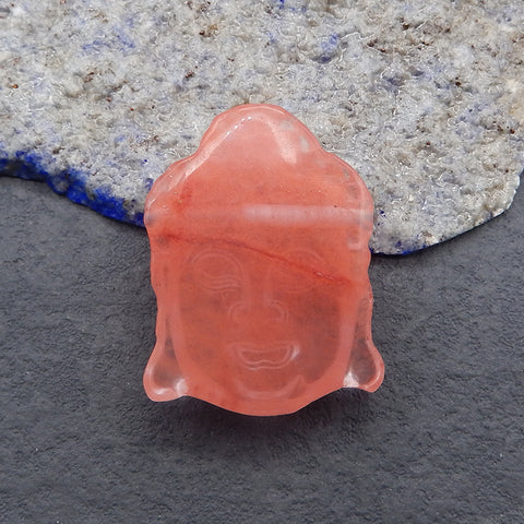 Carved Volcano Cherry Quartz Buddha Head Side Drilled Gemstone Pendant Bead, Lucky Buddha Pedant, 31x24x11mm, 9.4g