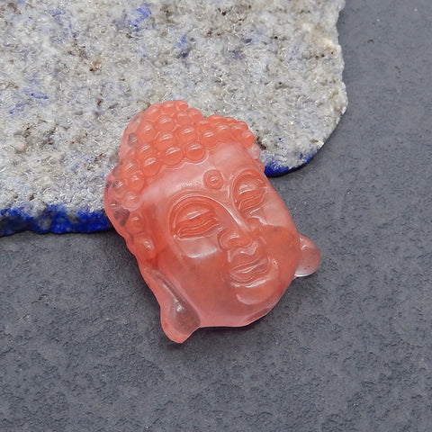 Carved Volcano Cherry Quartz Buddha Head Side Drilled Gemstone Pendant Bead, Lucky Buddha Pedant, 31x24x11mm, 9.4g